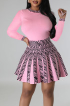Roze zoete print patchwork O-hals A-lijn jurken