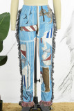 Azul claro elegante estampa borla patchwork regular cintura média calça estampa completa