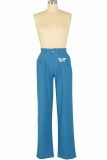 Calças retas de cintura média com estampa casual azul