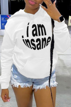 White Casual Daily Print Draw String Letter Hooded Collar Tops