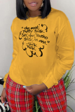 Yellow Casual Print Letter O Neck Tops