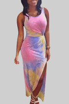 Розовое элегантное лоскутное платье с высоким открытием и принтом на тонких бретельках Платья больших размеров
