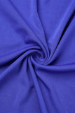 Bainha sólida elegante azul com decote em O em patchwork plus size duas peças