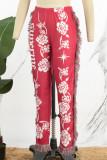 Rote, elegante, mit Quasten und Patchworkmuster bedruckte Hose mit mittlerer Taille und durchgehendem Print