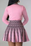 Himmelblaues Patchwork-Kleid mit O-Ausschnitt und süßem Print in A-Linie