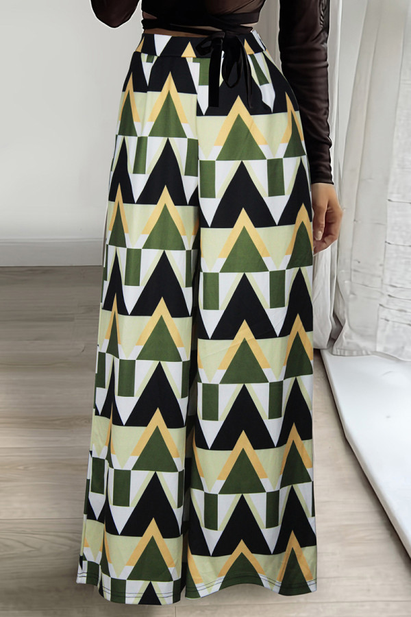 Groene casual print patchwork rechte hoge taille rechte broek met volledige print
