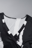 Zwarte elegante print bandage patchwork v-hals bedrukte jurkjurken