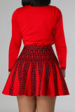 Himmelblaues Patchwork-Kleid mit O-Ausschnitt und süßem Print in A-Linie