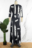 ブラックのエレガントなプリント包帯パッチワーク V ネック プリント ドレス ドレス