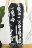 Calças pretas elegantes com estampa borla patchwork regular cintura média com estampa completa
