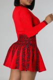 Red Sweet Print Patchwork O Neck A Line Dresses