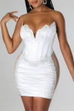 Weißes, modisches, sexy Patchwork-Hot-Drilling-durchsichtiges, rückenfreies, trägerloses, ärmelloses Kleid