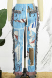 Azul claro elegante estampa borla patchwork regular cintura média calça estampa completa