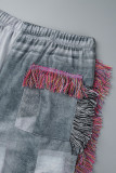 Pantaloni a vita media con stampa regolare in patchwork di nappe con stampa elegante azzurro