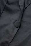Botões de retalhos sólidos de rua pretos Casacos com gola virada para trás (sem cinto)