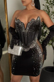 Zwarte mode sexy patchwork heet boren doorzichtige rugloze strapless mouwloze jurk