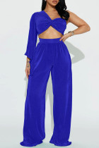 Blue Sexy Street Solid Patchwork One Shoulder Long Sleeve Two Pieces