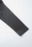 Schwarze Street Solid Patchwork-Knopf-Umlegekragen-Oberbekleidung (ohne Gürtel)