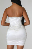 Белое модное сексуальное лоскутное платье с прозрачной спинкой и без бретелек без рукавов