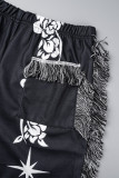 Calças pretas elegantes com estampa borla patchwork regular cintura média com estampa completa