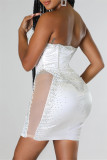 Vestido branco fashion sexy patchwork com perfuração quente transparente sem alças sem alças