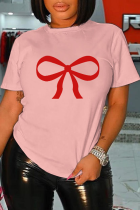 Rosa Vintage-T-Shirts mit süßem Aufdruck und Patchwork-O-Ausschnitt