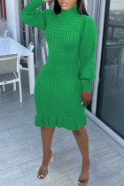 Groene casual effen basis-jurken met col en lange mouwen