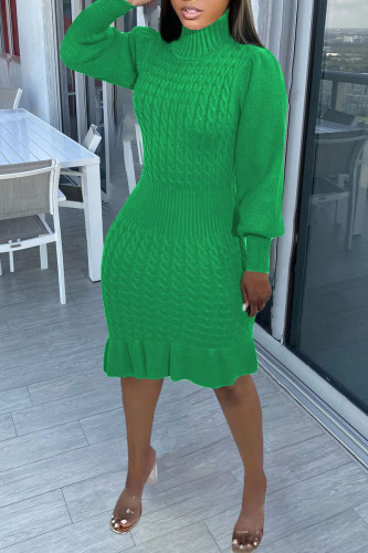 Green Casual Solid Basic Turtleneck Long Sleeve Dresses