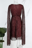 Rose Red Elegant Solid Patchwork Mesh Reflective V Neck A Line Dresses(With Belt)