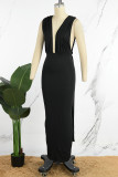 Черное сексуальное однотонное длинное платье с открытой спиной и разрезом на шее