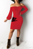 Red Casual Print Off the Shoulder Long Sleeve Dresses