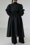 Черные повседневные однотонные лоскутные платья с U-образным вырезом и длинными рукавами