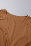 Braune, lässige, solide Frenulum-Kleider mit V-Ausschnitt und langen Ärmeln in Übergröße