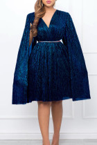 Tiefblaues, elegantes, einfarbiges Patchwork-Mesh-Kleid mit reflektierendem V-Ausschnitt und A-Linie (mit Gürtel)