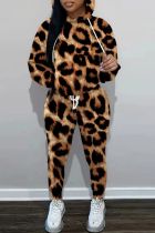 Estampado de leopardo Estampado casual Básico Cuello con capucha Manga larga Dos piezas