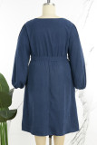 Robes bleues décontractées unies basiques à col rond et manches longues, grande taille