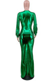 Vestido largo con cuello en V y abertura alta, color verde, sexy, de retazos lisos