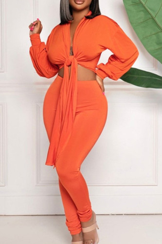 Tangerine Red Street Solid Bandage Patchwork V Neck Long Sleeve Two Pieces