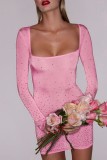 Розовые повседневные однотонные лоскутные платья с длинными рукавами и U-образным вырезом