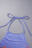 Blau-lila, lässiger Druck, schlichtes, ärmelloses Kleid mit O-Ausschnitt