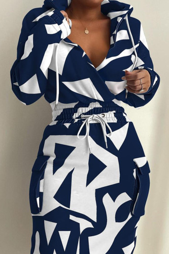 Blanc bleu décontracté imprimé Patchwork cordon de serrage poche à capuche col imprimé robe robes