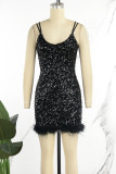 Black Sexy Patchwork Sequins Backless Spaghetti Strap Sleeveless Dress Dresses