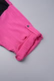 Top taglie forti con colletto della camicia a contrasto patchwork casual rosso rosa