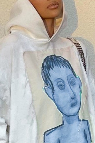 White Casual Print Patchwork Hooded Collar Tops