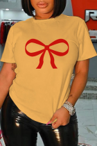 Gelbe Patchwork-T-Shirts mit O-Ausschnitt im Vintage-Stil mit süßem Aufdruck