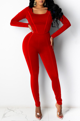Red Casual Basic U Neck Long Sleeve Two Pieces
