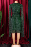 Green Elegant Solid Patchwork Mesh Reflective V Neck A Line Dresses(With Belt)