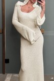 アプリコット カジュアル ソリッド ベーシック フード付き カラー ロング ドレス ドレス