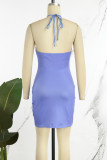 Blau-lila, lässiger Druck, schlichtes, ärmelloses Kleid mit O-Ausschnitt