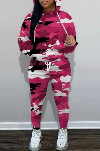 Rose Red Casual Graphcis Print Hooded Collar Long Sleeve Draw String Pocket Sweatshirt And Pants Sportwear Two Piece Jogger Set